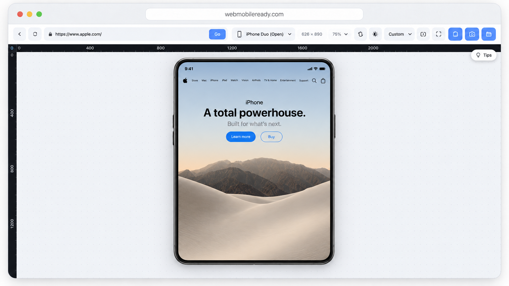 MobileReady simulating an open iPhone Duo foldable inside the browser extension.