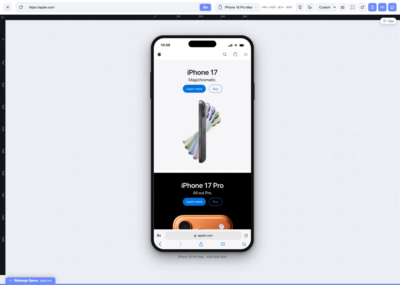 MobileReady simulating a website on an iPhone inside a browser window